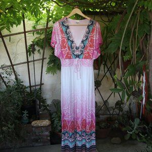 Venus Kaftan Boho Deep V-Neck Beachy Plunging Sexy Pink Bohemian Maxi Dress M
